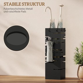 HOMCOM Stojak na parasole z metalu z wyjmowaną tacką ociekową i 4 haczykami 15,5 x 15,5 x 49 cm, Czarny | Aosom PL