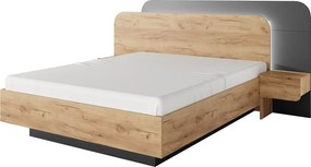 Łóżko ze skrzynią i szafkami nocnymi 160 x 200 cm - Z oświetleniem LED - Naturalny i antracytowy + Materac - DESADO