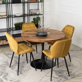 Zestaw Stół Okrągły LINO 100 cm Dąb Rustykalny/Czarny i 4 Krzesła Tapicerowane LUCKY Musztardowe Welurowe Nowoczesne Loft