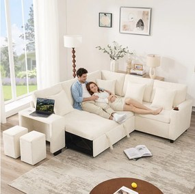 Narożnik rozkładany w kształcie litery L - 220 x 205 x 86,5 cm - ze schowkiem + port USB + poduszki + 2 hokery ze schowkiem - aksamit - beżowy
