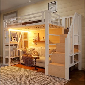 Łóżko piętrowe dla dzieci - 90 x 200 cm - rama żeliwna - ze schodami i półką do przechowywania + diody LED - płyta MDF + metal - białe