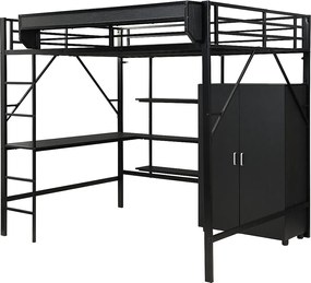 Łóżko na antresoli 140x200 cm - z biurkiem i półką do przechowywania - z szafą ubraniową - Metal + MDF - Czarny​ (bez materaca)