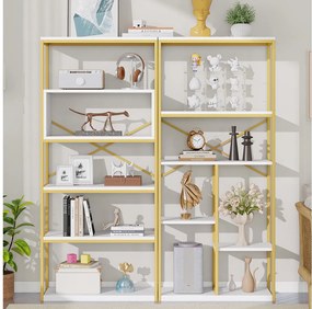 Nowoczesny, minimalistyczny regał magazynowy - 160 x 29,5 x 180 cm - MDF + metal - biały + złoty