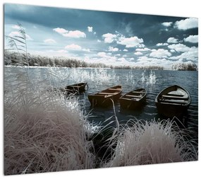 Obraz na szkle - Drewniane łodzie na jeziorze (70x50 cm)