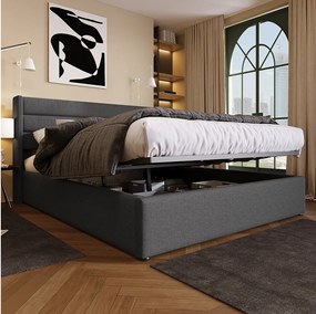 160x200 cm Łóżko z pojemnikiem - Łóżko podwójne z zagłówkiem i stelażem - Szary len - bez materaca