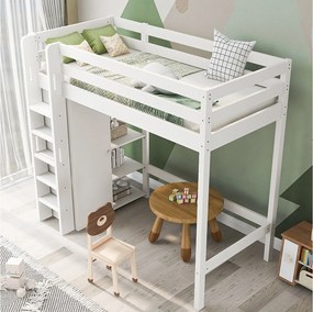 Łóżko na antresoli 90x200 cm - z półkami i stelażem - białe - bez materaca