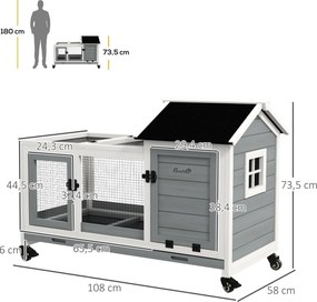 Domek dla małych zwierząt PawHut dla królików miniaturowych, świnek morskich, z kołami, 108 x 58 x 73,5 cm, szary