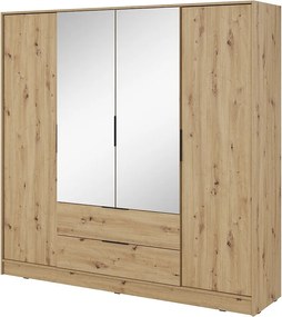 Szafa z lustrem 200 cm Kalma 4DL - szafa z drzwiami otwieranymi, 2 szuflady, drążek - dąb Artisan
