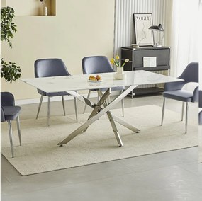 Prostokątny stół jadalniany z hartowanego szkła – Efekt białego marmuru i chromowany metal – dla 8 osób – CHIARA