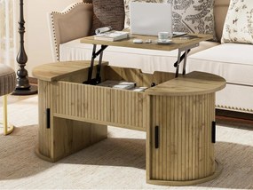 Owalna podnoszona stolik kawowy 100x50x40,5 cm - Otwarte półki i ukryta schowek - 2 drzwi przesuwne - MDF - Naturalny