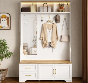 Zestaw na ubrania do przedpokoju 120x40x187 cm - Lustro i wieszaki - z LED - Szafa na buty - Biały + Naturalny