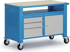 Mobilny stół warsztatowy G9, 1 półka, 1 szafka, 3 szuflady, 1180 x 595 x 865-1130 mm, szary/niebieski