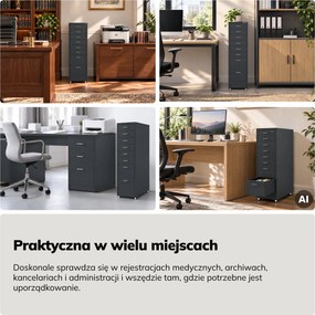 Szafka kartotekowa na kółkach, metalowa, 8 szuflad, na dokumenty, antracytowa, 300x1100x600 mm: SARA V8