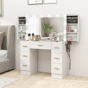 HOMCOM Toaletka z lustrem i 12 lampami LED, toaletka z 7 szufladami, 6 ukrytymi schowkami, płyta wiórowa, Biały