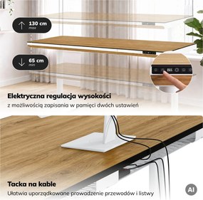 Biurko elektryczne sit-stand z szufladą i ładowarką bezprzewodową Qi białe/złoty dąb, 1600 mm: ELLIS
