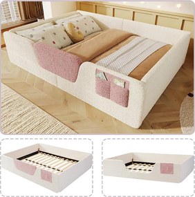 Tapicerowane łóżko dziecięce - 140 x 190 cm - z wyjmowanymi barierkami zabezpieczającymi + worek materiałowy do przechowywania - aksamit - beż