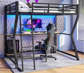 Łóżko mezzanine 90x200cm z LED i gniazdkami - biurko + schody - Czarne