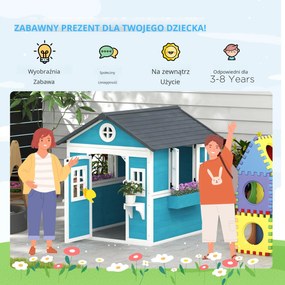 Outsunny Domek Ogrodowy dla Dzieci, Drewniany Domek Zabaw z Oknami, Doniczkami, 3-8 Lat, Niebieski