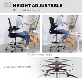 HOMCOM Krzesło do rysowania z podparciem lędźwiowym, regulacją wysokości, obrotowe, do home office, studia, projektów artystycznych, czarne