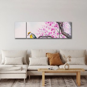 Obraz - ptak na drzewie z różowymi kwiatami (170x50 cm)