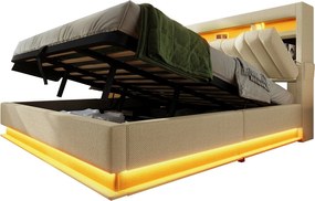 Łóżko tapicerowane podwójne ze schowkiem - 160 x 200 cm - z zagłówkiem + USB + LED + schowek hydrauliczny - len - beż