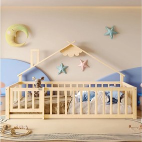 Łóżko dziecięce 90x190 cm Łóżko drewniane z barierkami i stelażem - sosna - naturalne (bez materaca)