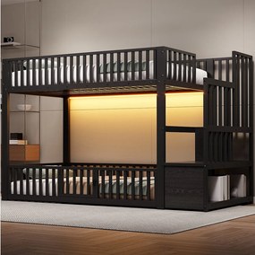 Łóżko piętrowe dla dzieci - 2 x 90 x 200 cm - z drabinką + diody LED - MDF + metal - czarne
