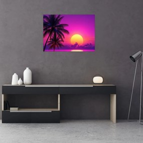 Obraz na szkle - Fioletowy zachód słońca z palmą (70x50 cm)