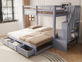 Łóżko piętrowe dziecięce 90 x 200 cm - z drabiną z pojemnikami - z 3 szufladami - z łóżkiem chowanym - szary (materac nie jest wliczony w cenę)