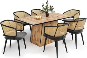 Zestaw 6 welurowych i rattanowych krzeseł do jadalni z metalowymi nogami o strukturze drewna – szary