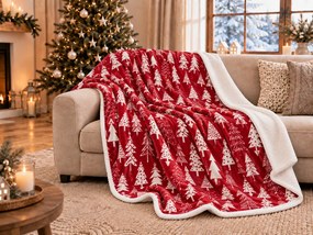 Koc bożonarodzeniowy z mikropluszu CHRISTMAS TREES czerwony Rozmiar: 200 x 220 cm