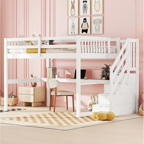 Łóżko piętrowe dla dzieci - 140 x 200 cm - z biurkiem i schowkiem - drewniane - białe