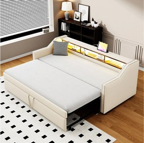 Leżanka 90/180 x 190 cm - beżowy len - łóżko dla dorosłych z oświetleniem LED i portem USB - stelaż z listew - bez materaca