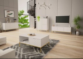 Wysoka komoda glamour w jodełkę Aspen 07 biały mat/złoty