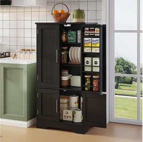 Wysoka komoda kuchenna - 60 x 40 x 120 cm - z diodami LED + 4 drzwi z regulowanymi półkami i półkami na drzwiach - MDF - czarna