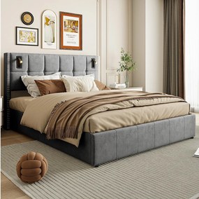 Tapicerowane łóżko welurowe szare 160x200 cm z hydraulicznym schowkiem, lampkami do czytania i portem USB, rama podwójna dla dorosłych