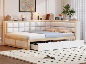 Sofa rozkładana 140×200 cm - z miękkim oparciem - z 2 szufladami - ze stelażem listwowym - biały + naturalny (materac nie jest zawarty)