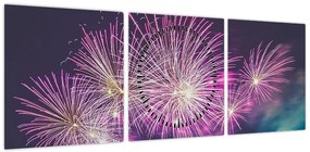 Obraz nocnego miasta z fajerwerkami (z zegarem) (90x30 cm)
