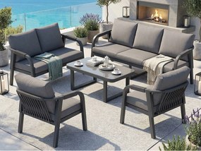 Salon Ogrodowy 7 Osób - Zestaw 5-częściowy z Kanapą 3-osobową, 2-osobową, 2 Fotelami i Stolikiem Kawowym - Pleciony Sznur - Stal Ocynkowana - Antracytowy Szary