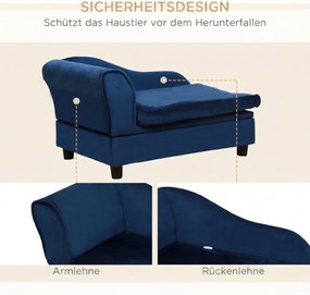 PawHut Sofa dla zwierząt ze schowkiem, miękką poduszką, nośność do 15 kg, pluszowe obicie, rama z twardego drewna, Niebieski | Aosom PL