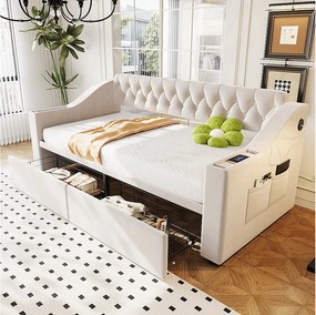 Sofa dziecięca tapicerowana z funkcją spania - 90 x 190 cm - z podłokietnikami ze schowkiem + port USB + 2 szuflady - welur - beż