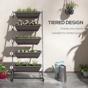 Outsunny 5-poziomowy stojak na rośliny, 145 cm wysoki kwietnik z doniczkami i kółkami, stalowy kwietnik, brązowy | Aosom PL
