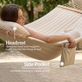 Outsunny Hamak Zewnętrzny 200x140 cm, Dwuwarstwowy Hamak z Zagłówkiem, Kieszenią na Magazyny i Drewnianymi Drążkami, do 200 kg | Aosom PL