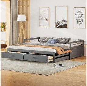 Łóżko wysuwane 90 x 200 cm z 2 szufladami - Drewno sosnowe - stelaż z listew - szare