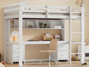 Łóżko mezzanine 90x200cm - z biurkiem i 2 komodami - z litego sosnowego drewna i MDF - Białe