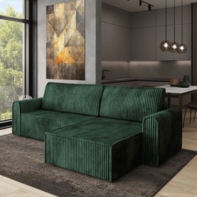 Masseno Narożnik VALTINO z funkcją spania i pojemnikiem na pościel Narozniki L, Rozkładana sofa - Butelkowa zieleń, TILIA 39