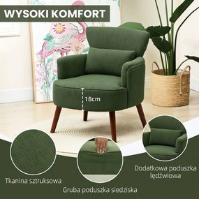 HOMCOM Nowoczesny fotel z podłokietnikami, tapicerowany fotel akcentowy z poduszką lędźwiową, Zielony