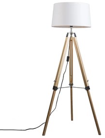 Lampa podłogowa drewno klosz lniany biały 45cm - TripodPrzemysłowy Oswietlenie wewnetrzne