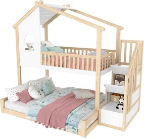 Łóżko piętrowe dla dzieci - 90 x 200 cm + 140 x 200 cm - z drabinką + okno - sosna - naturalny + biały