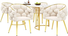 Zestaw stół jadalny + 4 krzesła welurowe - 140 x 80 x 75 cm - MDF + nogi metalowe w kolorze złotym - biały + beżowy